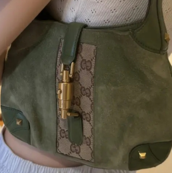Gucci Olive Suede Shoulder Bag with GG Detail and Gold Hardware VINTAGE JACKIE - Picture 2 of 16
